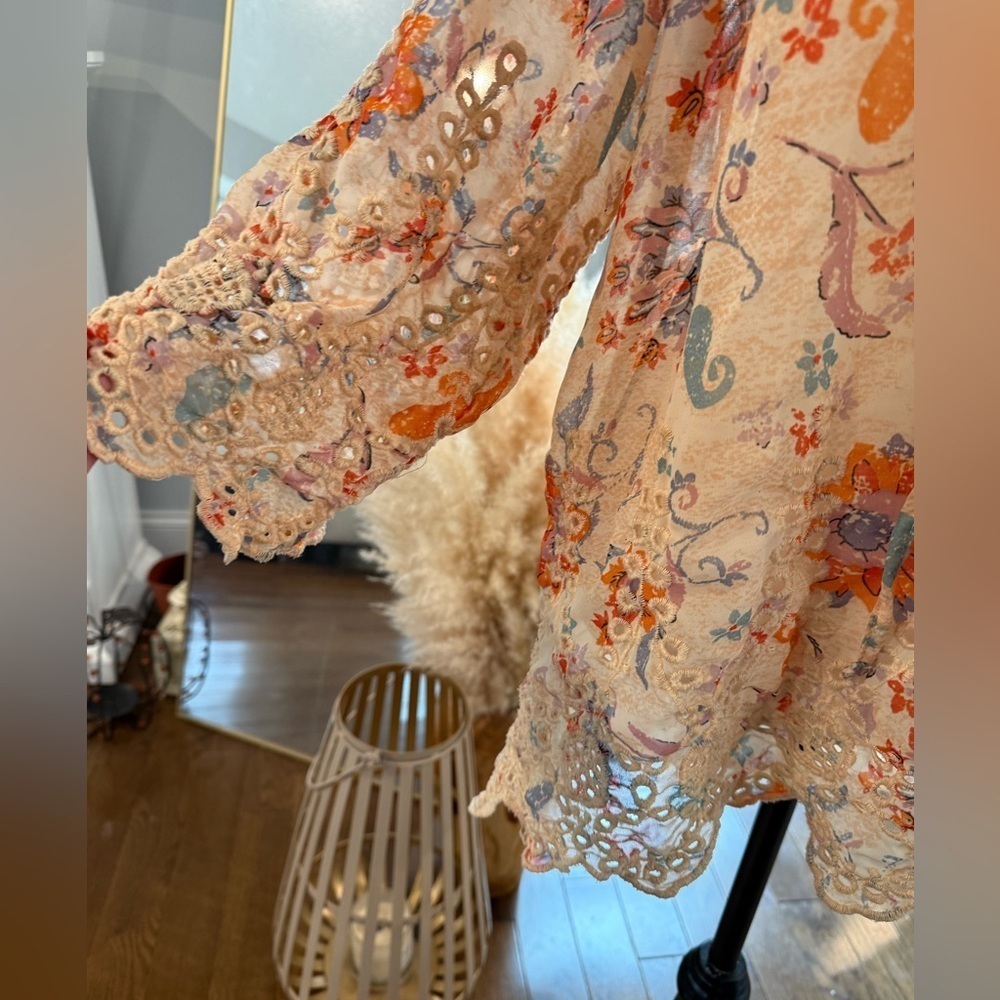Floral Crochet-Trim Peasant Top - Pink, Orange, Blue. - Picture 3 of 10